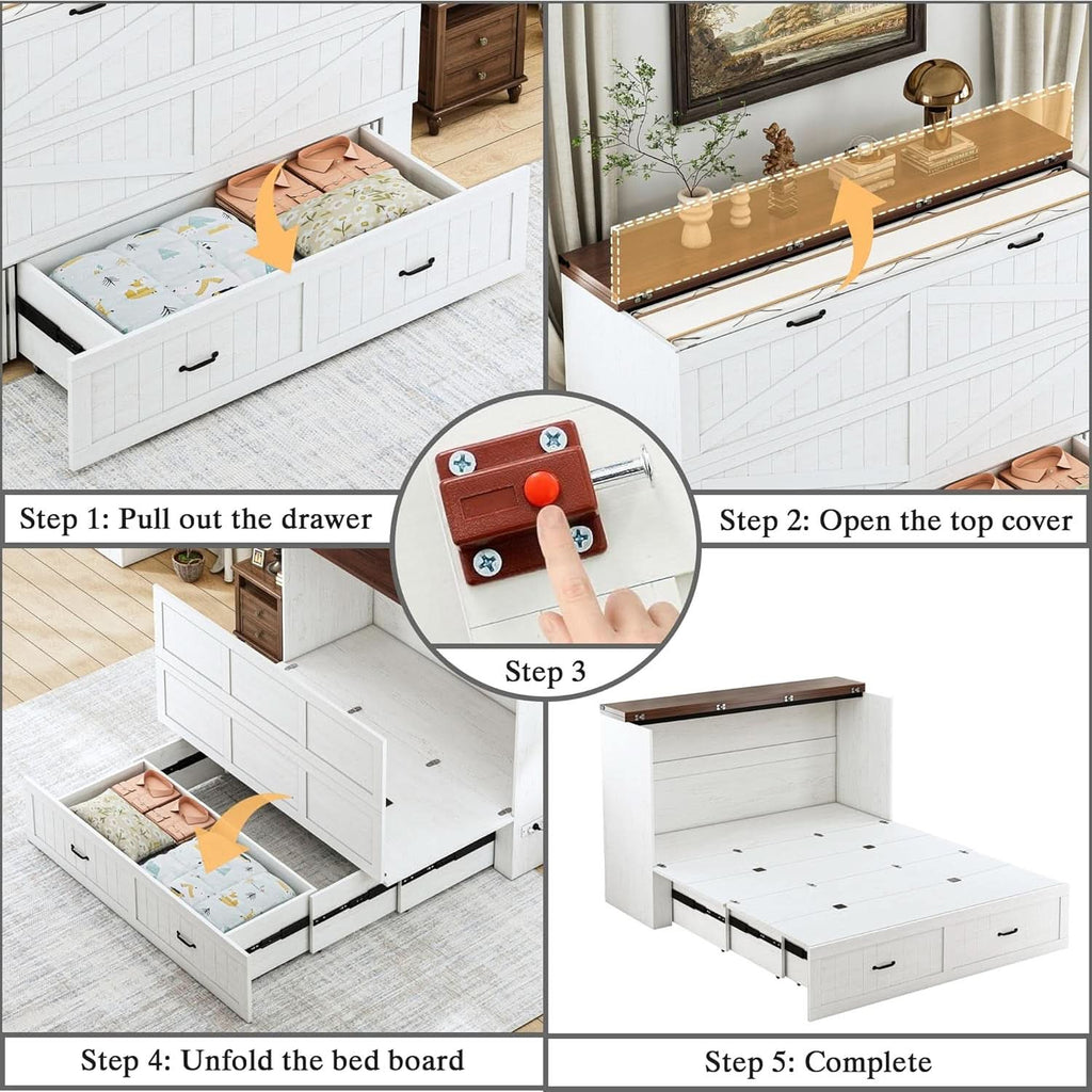 Queen Murphy Bed Frame Integrated Charging Station White-2