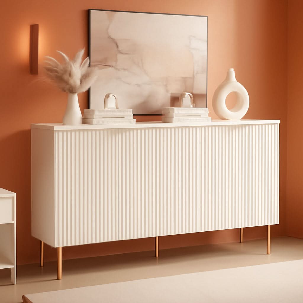 White Fluted Storage Cabinet Set Of 2 Modern Sideboards-0