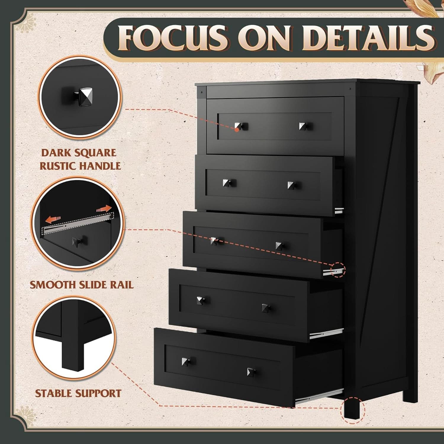 Farmhouse Tall Black Walnutstain Dresser With Drawers
