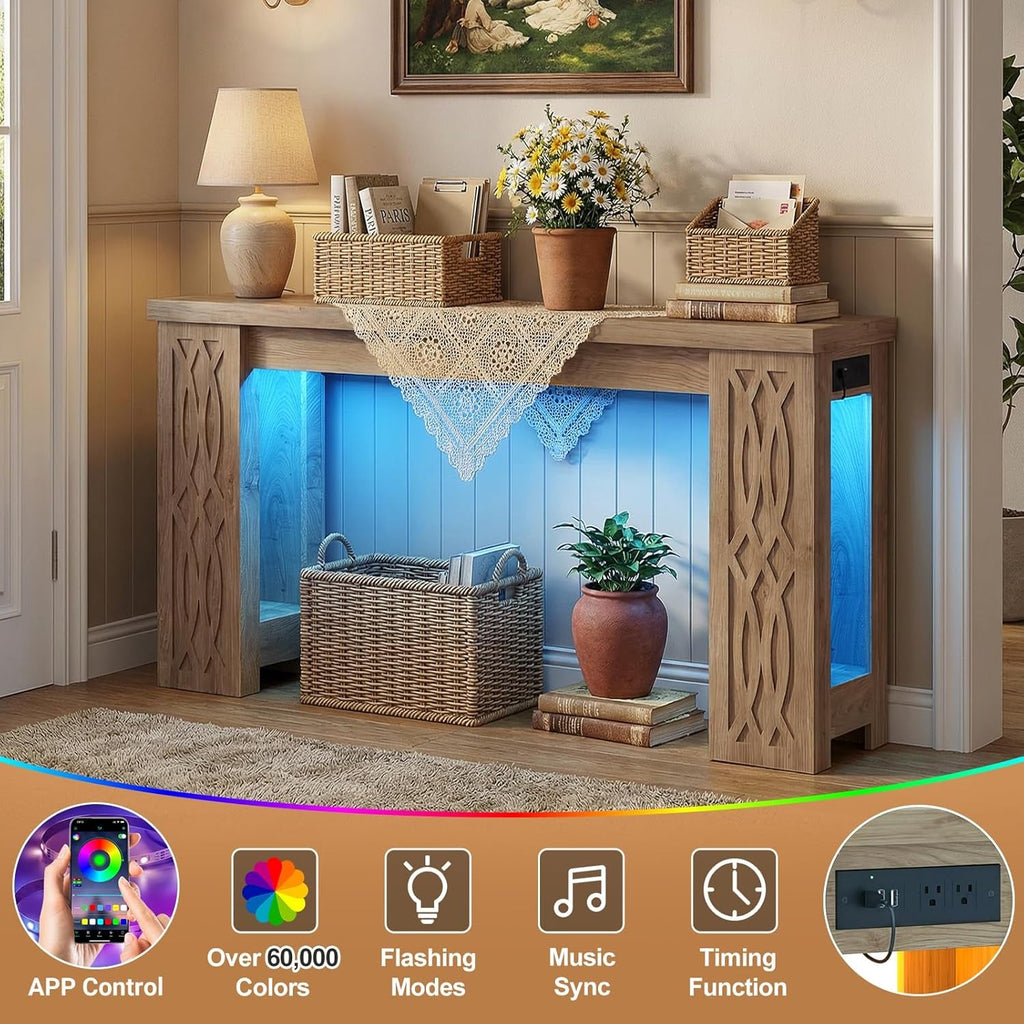 Console Table Rustic – Éclairage LED et Recharge USB