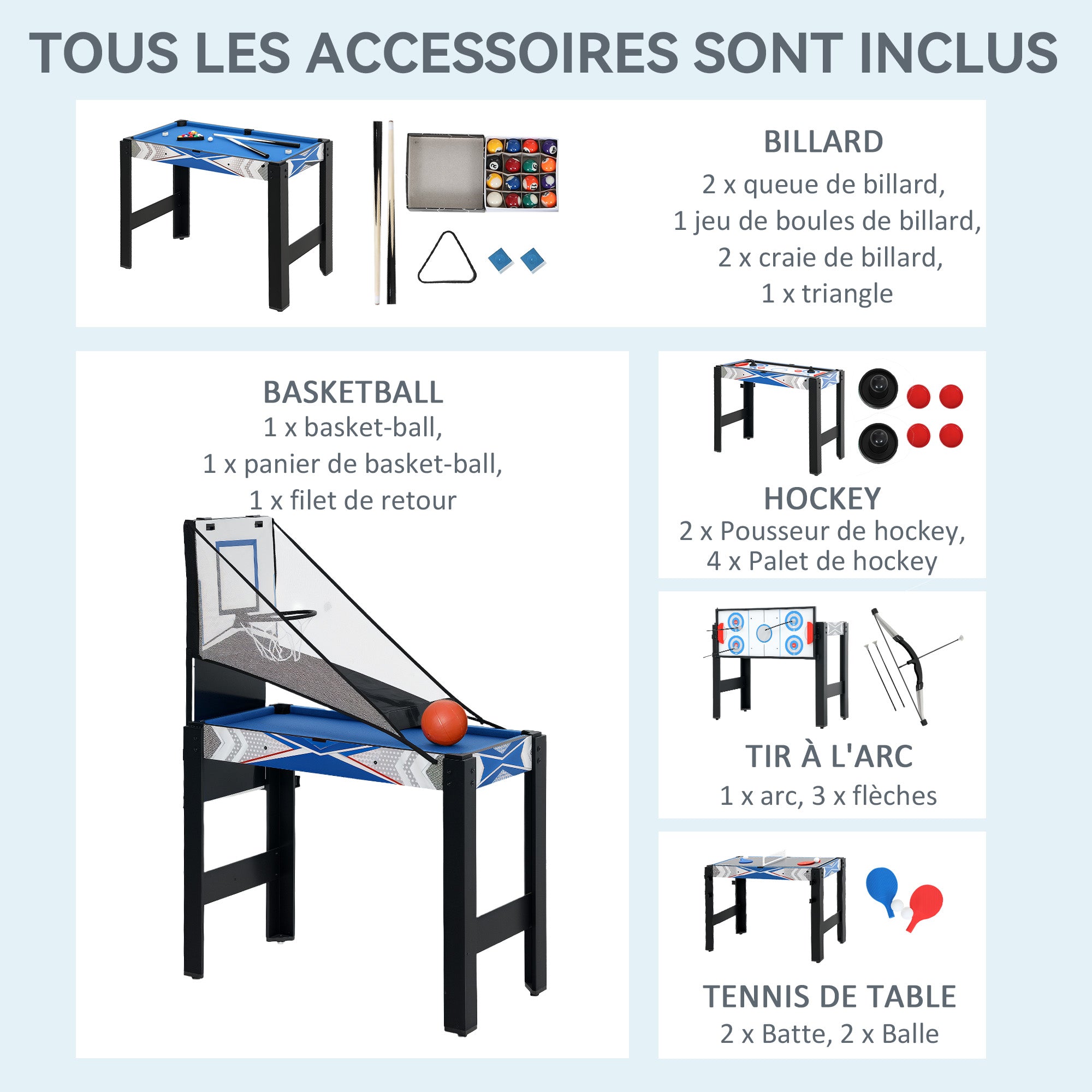 Table de jeux multifonctions 5 en 1, Billard, ping-pong, jeu de palets, mini basket, tir à l'arc, bleu
