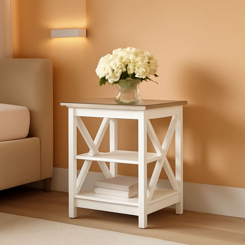 Lot de 2 Tables de Chevet Ivoire Rustique avec Étagères 60 cm