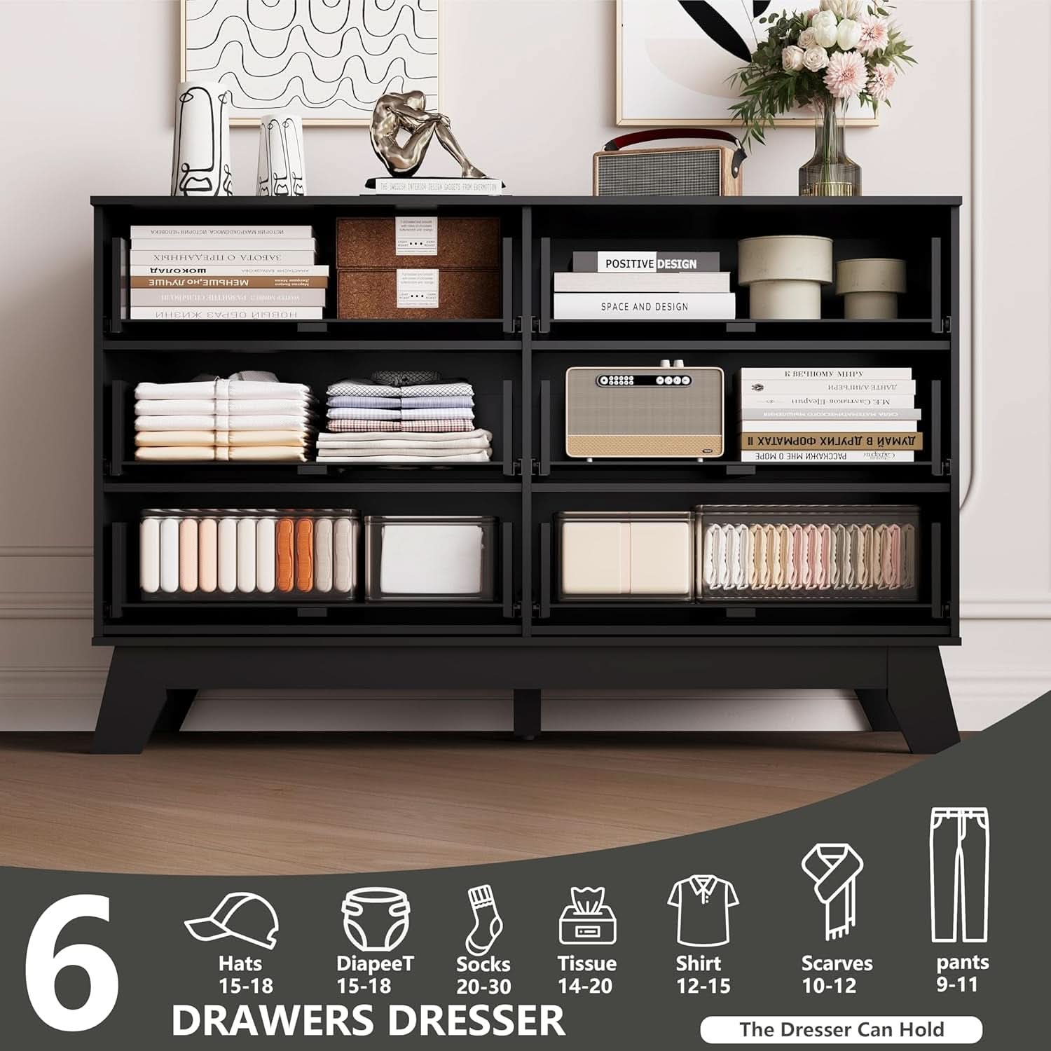 6 Drawer Dresser In Natural Wood With Fluted Front And Gold Handles
