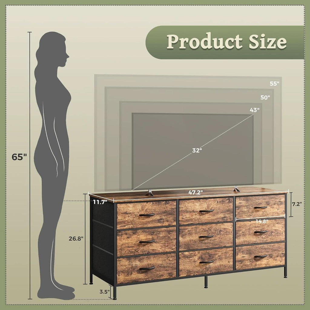 Rustic Brown 9 Drawer Dresser And TV Stand 47 Inch Wide