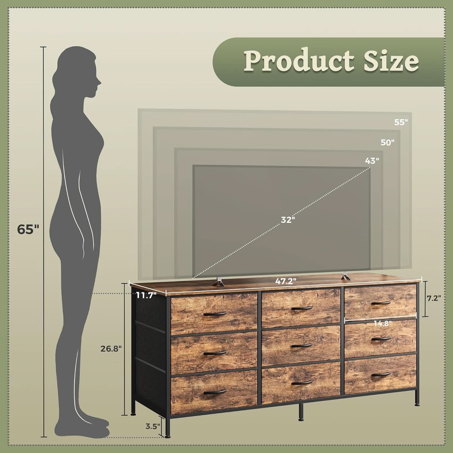 Rustic Brown 9 Drawer Dresser And TV Stand 47 Inch Wide