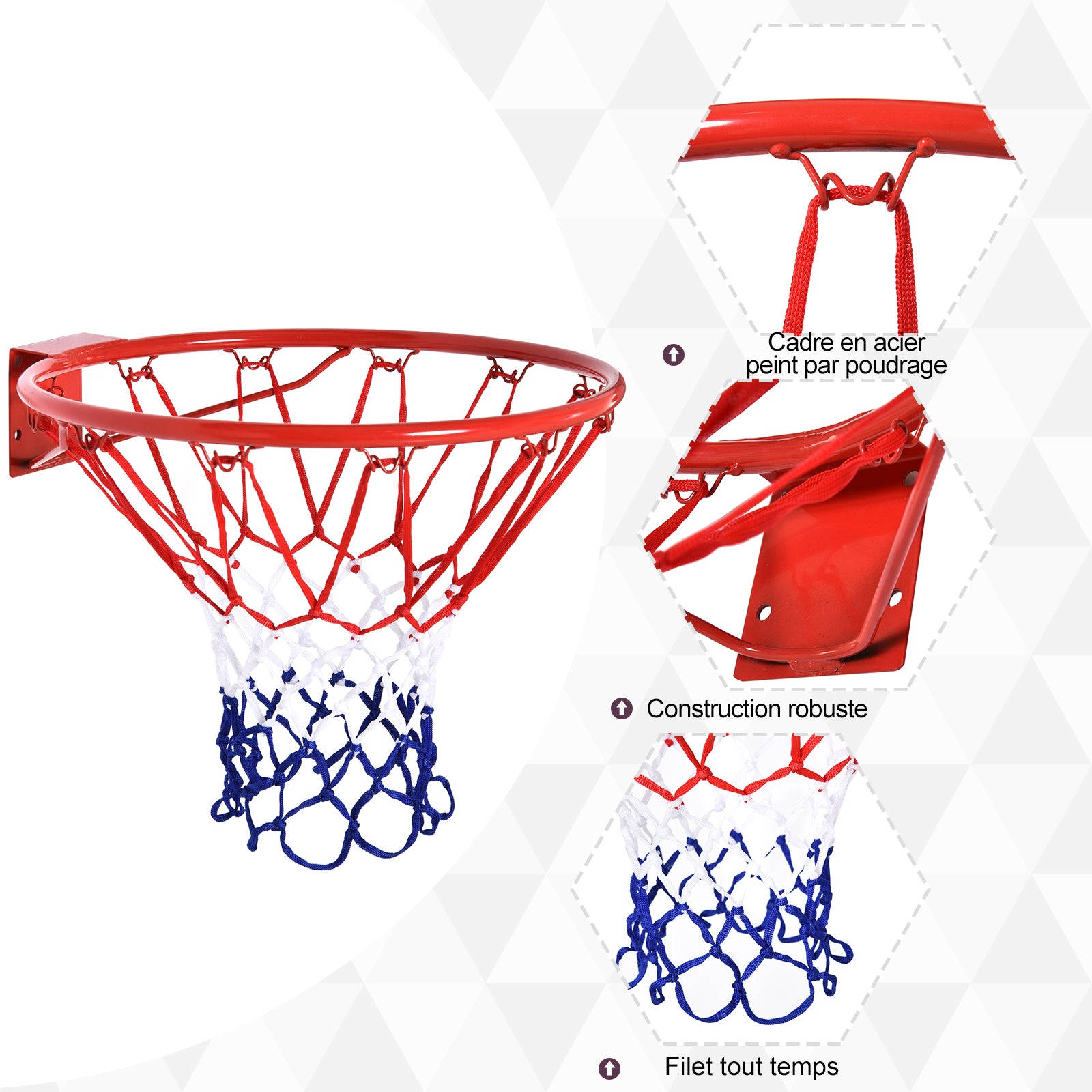 Panier de basket, anneau de basketball avec filet, suspendu mural intérieur et extérieur,  Ø 46 x 46 cm, rouge