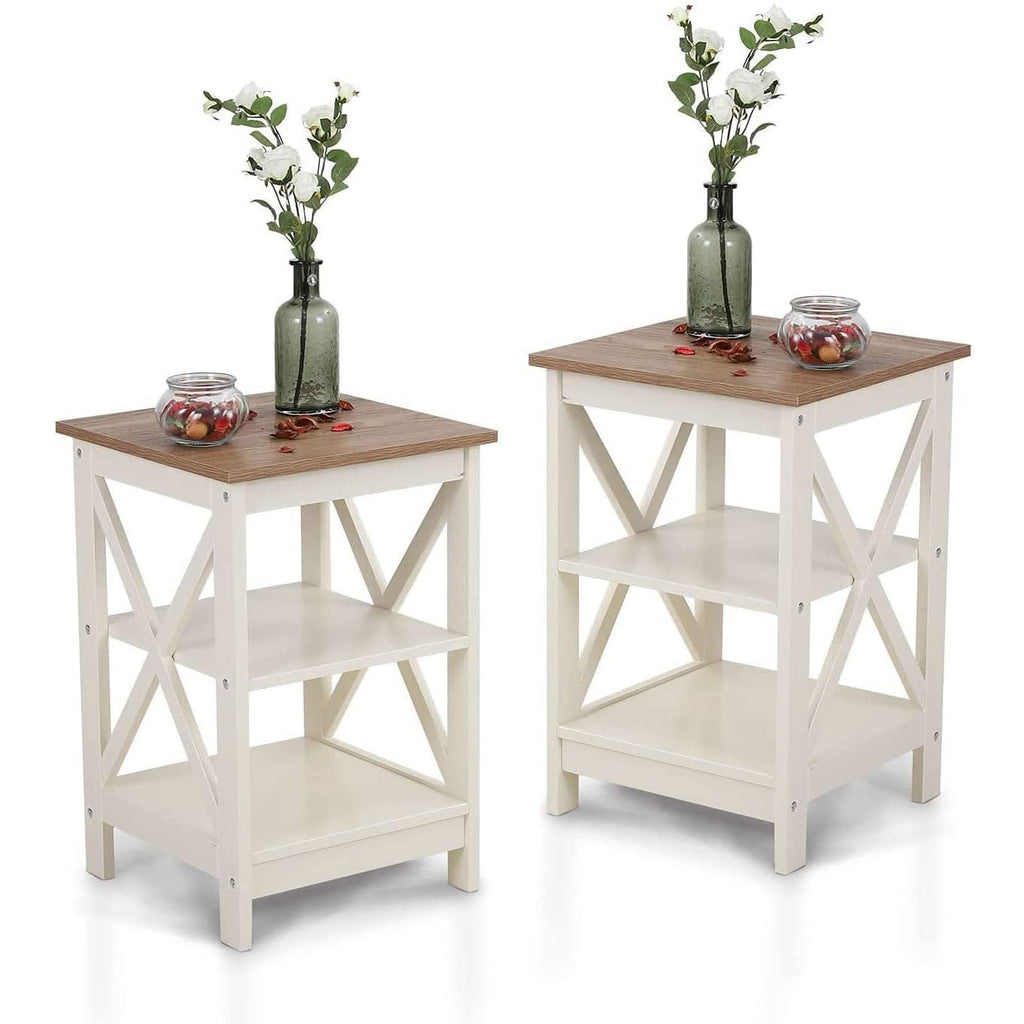 Lot de 2 Tables de Chevet Ivoire Rustique avec Étagères 60 cm