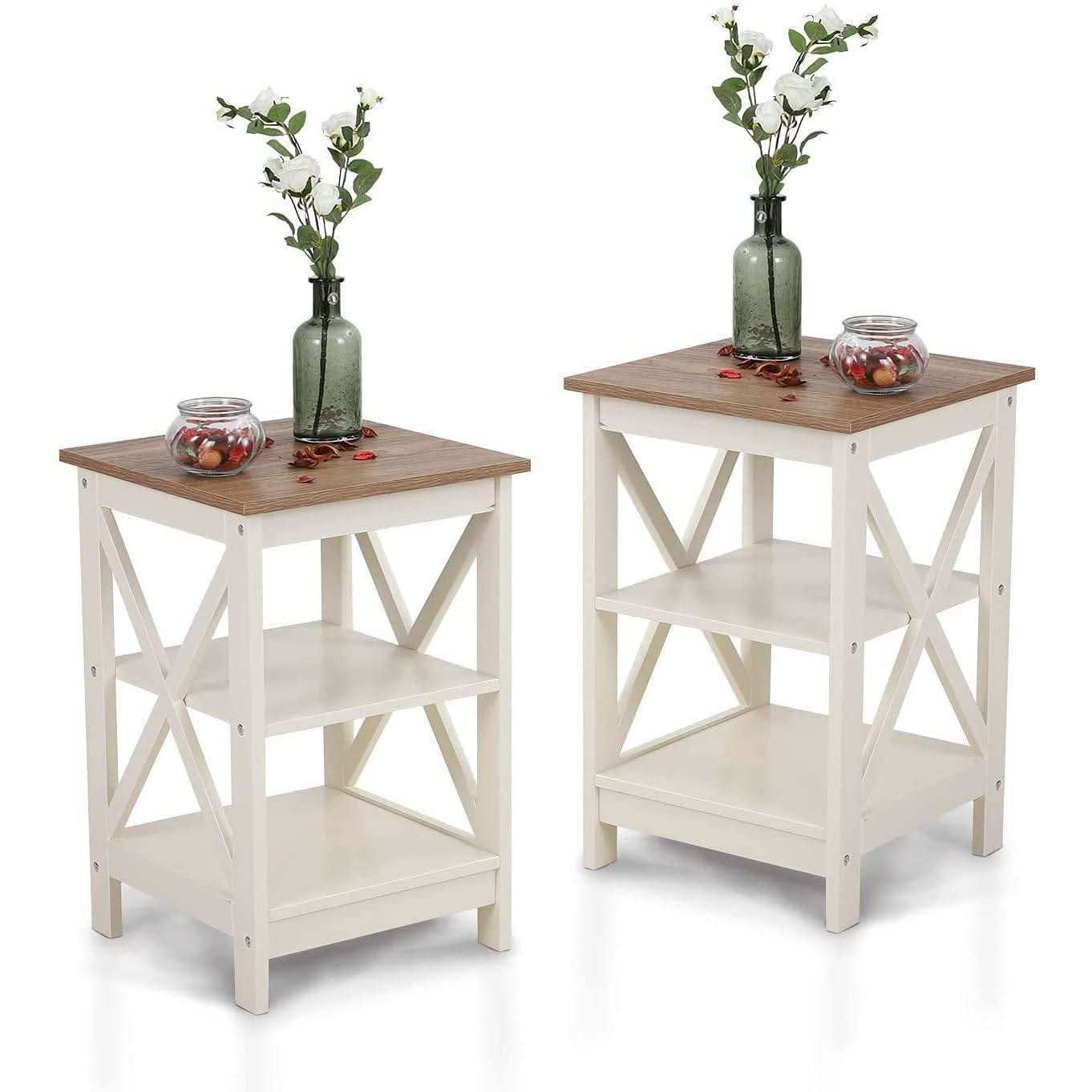 Lot de 2 Tables de Chevet Ivoire Rustique avec Étagères 60 cm