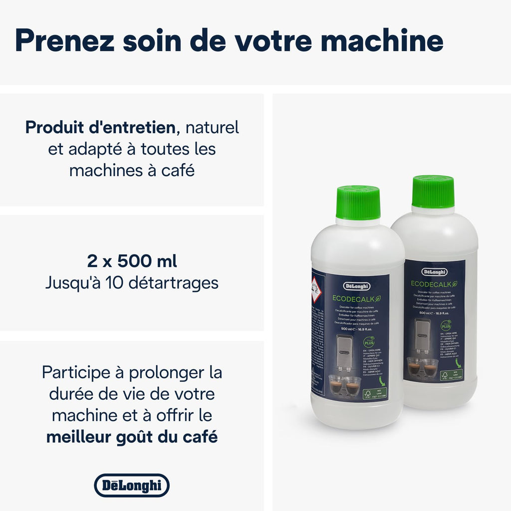 De'Longhi EcoDecalk Détartrant DLSC500, 5 Doses de Décalcification, Accessoire de Maintenance pour Machine à Café, Ingrédients à Base de Plantes, Bouteille Avec 5 Doses, 500ml