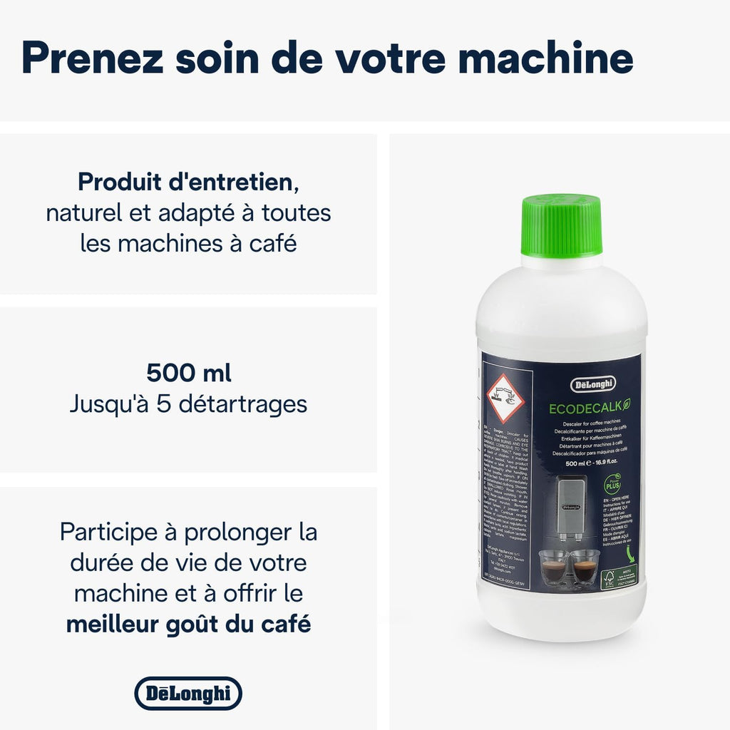 De'Longhi EcoDecalk Détartrant DLSC500, 5 Doses de Décalcification, Accessoire de Maintenance pour Machine à Café, Ingrédients à Base de Plantes, Bouteille Avec 5 Doses, 500ml