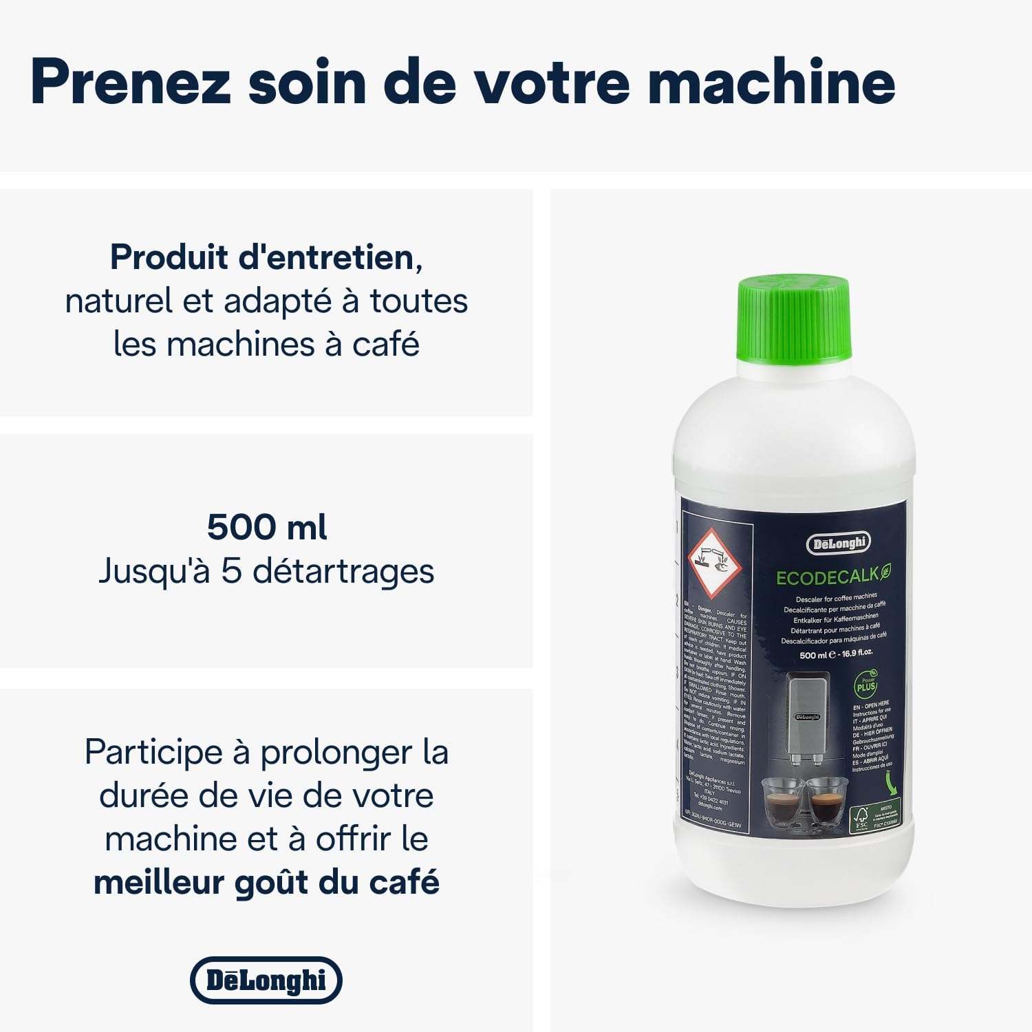 De'Longhi EcoDecalk Détartrant DLSC500, 5 Doses de Décalcification, Accessoire de Maintenance pour Machine à Café, Ingrédients à Base de Plantes, Bouteille Avec 5 Doses, 500ml