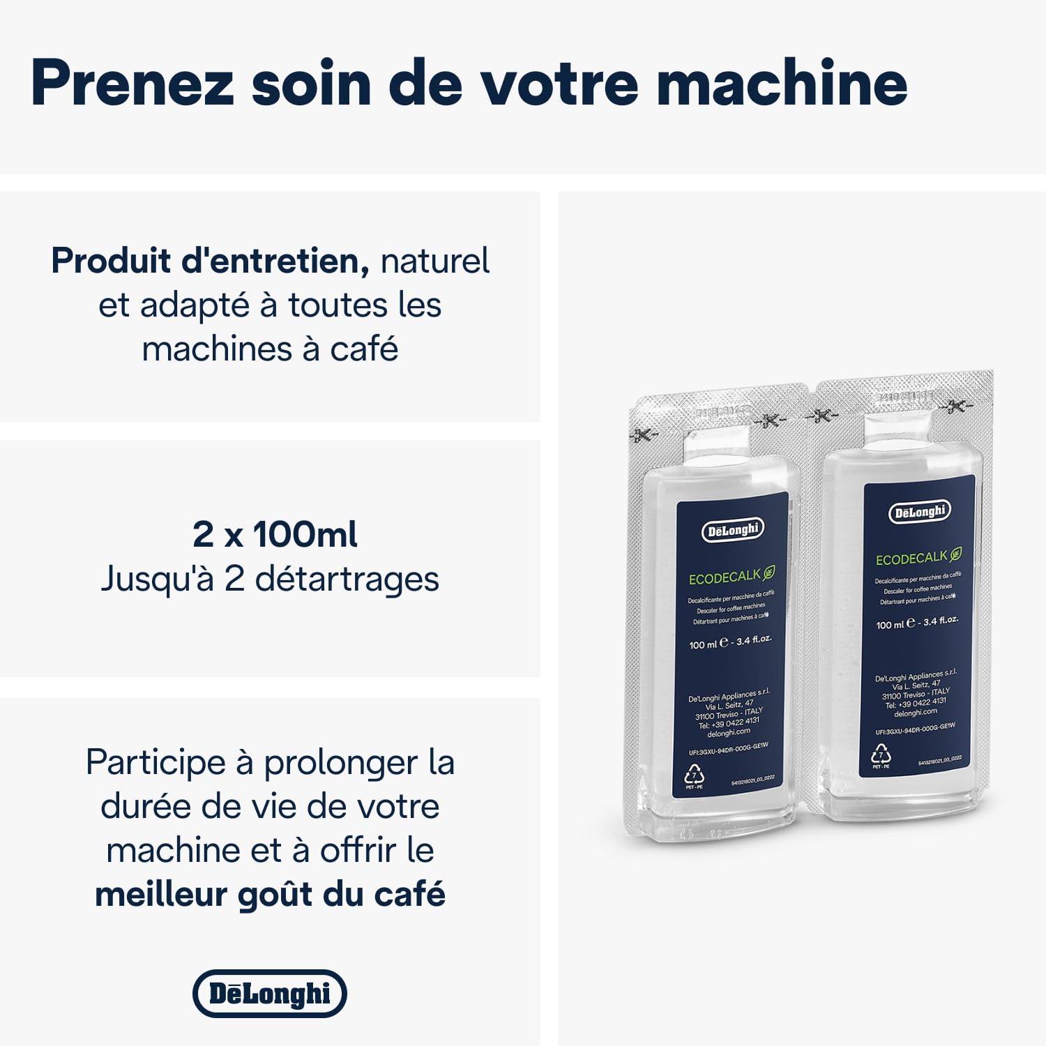 De'Longhi EcoDecalk Détartrant DLSC500, 5 Doses de Décalcification, Accessoire de Maintenance pour Machine à Café, Ingrédients à Base de Plantes, Bouteille Avec 5 Doses, 500ml