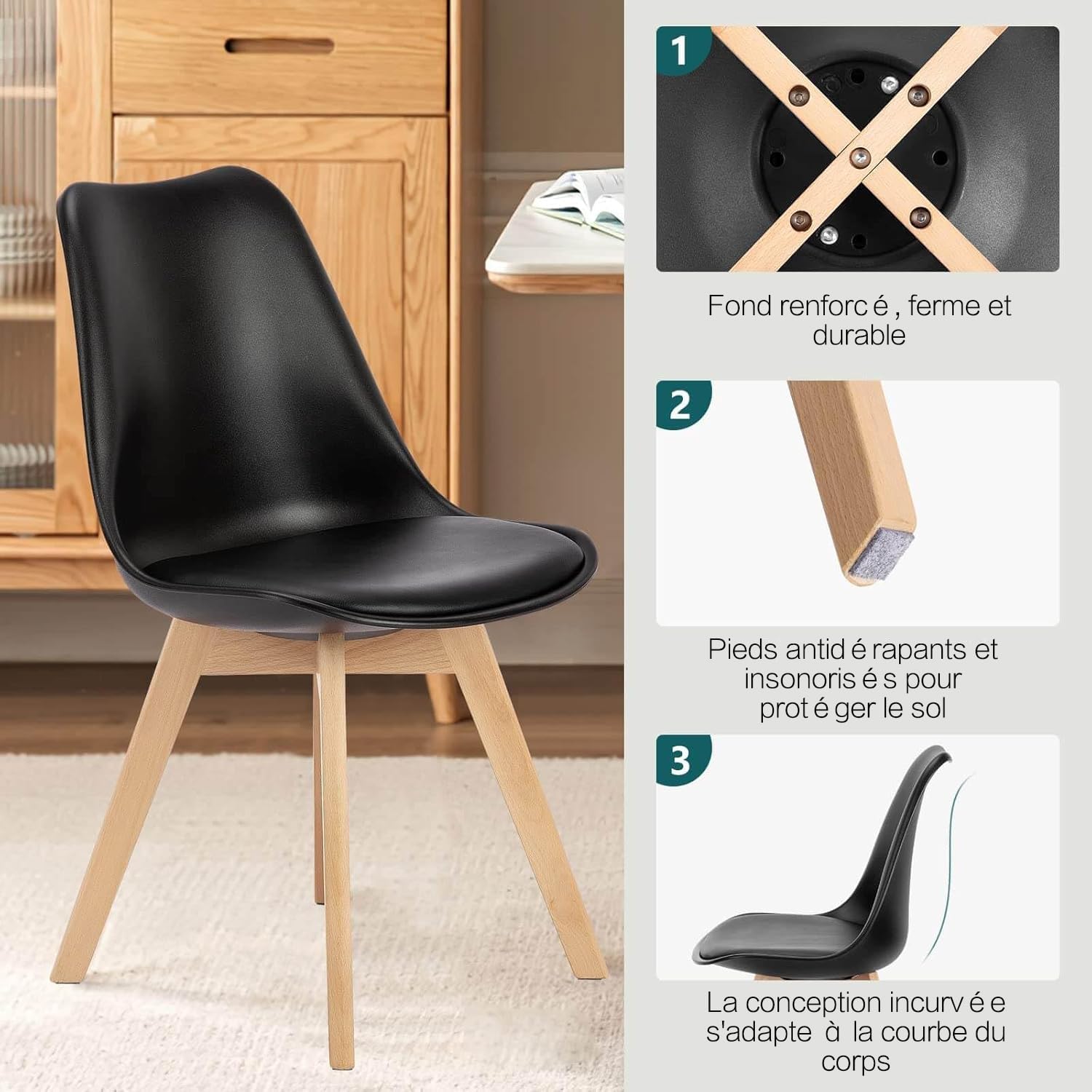 Chaises Salle à Manger, Chaise Scandinave Lot de 4,Idéal pour Salle à Manger,Salon,Cuisine,Chambre à Coucher (4, Noir)