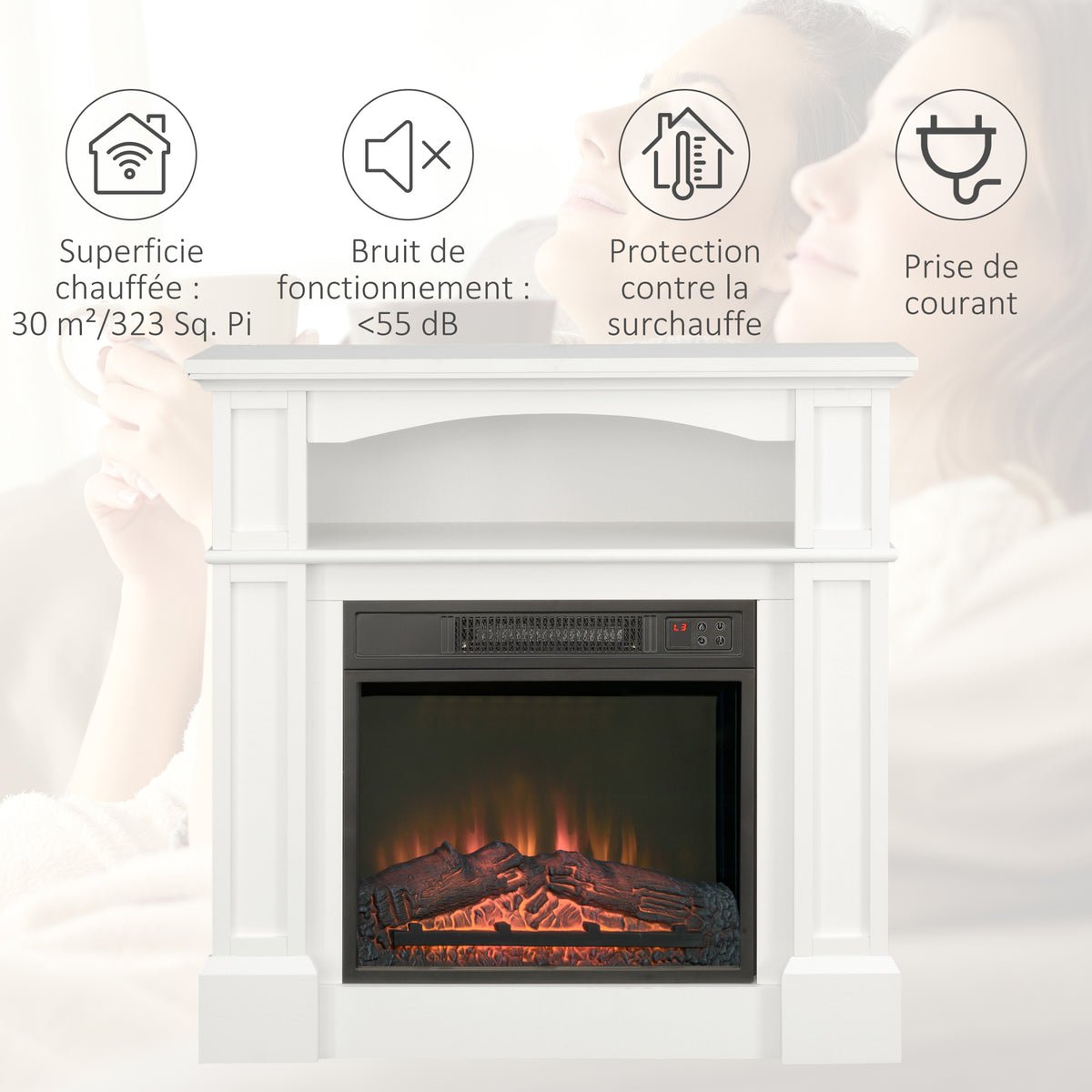 Cheminée électrique effet flammes LED luminosité réglable avec télécommande - 1800 W - 80,5 x 32,3 x 80,5 cm blanc