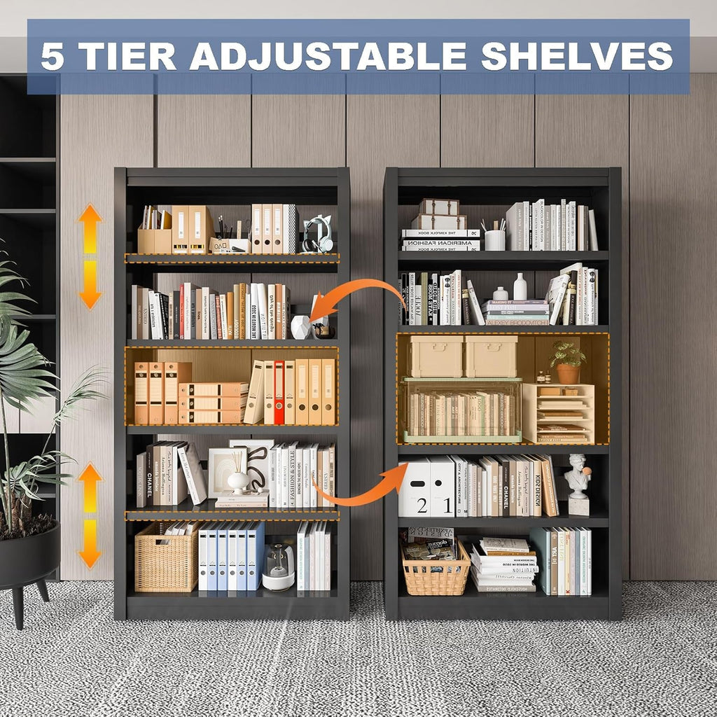 Adjustable Five Tier Black Metal Library Bookshelf