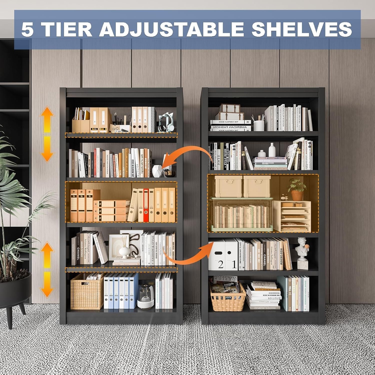 Adjustable Five Tier Black Metal Library Bookshelf