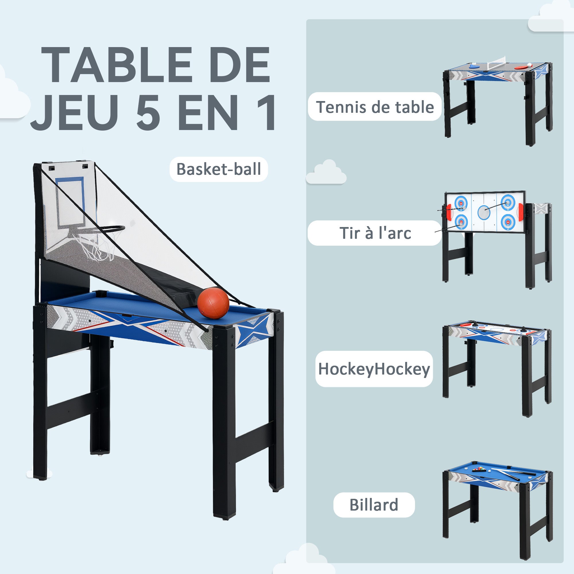 Table de jeux multifonctions 5 en 1, Billard, ping-pong, jeu de palets, mini basket, tir à l'arc, bleu