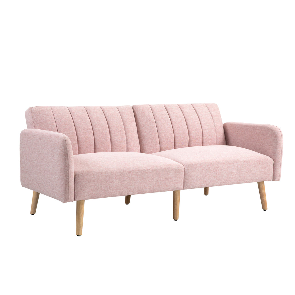 Canapé Convertible 2 Places Scandinave Rose – Tissu Aspect Lin, Dossier Inclinable 3 Positions, Pieds Bois