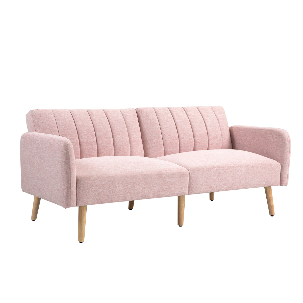 Canapé Convertible 2 Places Scandinave Rose – Tissu Aspect Lin, Dossier Inclinable 3 Positions, Pieds Bois
