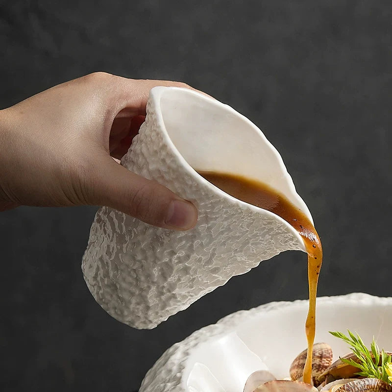 Textured Rock-Style Ceramic Sauce Cup – White Pouring Jug for Gravy, Milk or Coffee