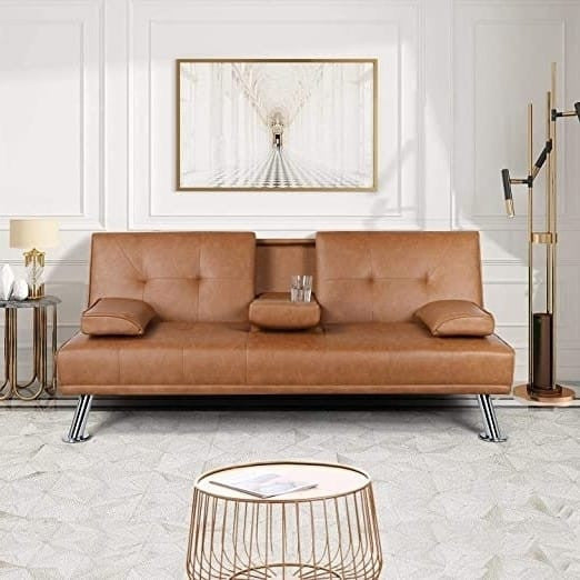 Canapé-lit convertible marron en cuir synthétique