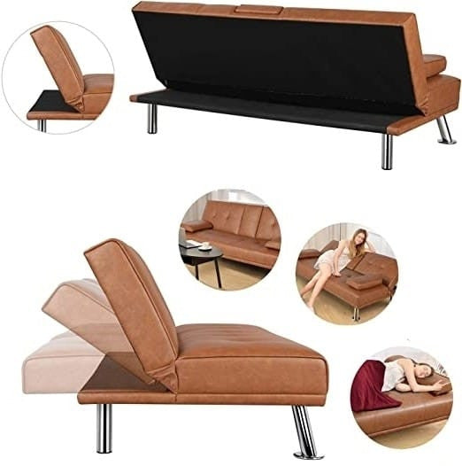 Canapé-lit convertible marron en cuir synthétique