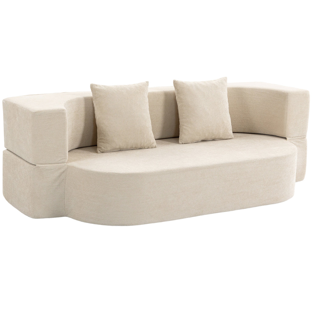 Canapé Convertible 2 Places, Canapé-Lit en Chenille 190cm, Dossier Rabattable, Assise et Accoudoirs Larges, Beige-0