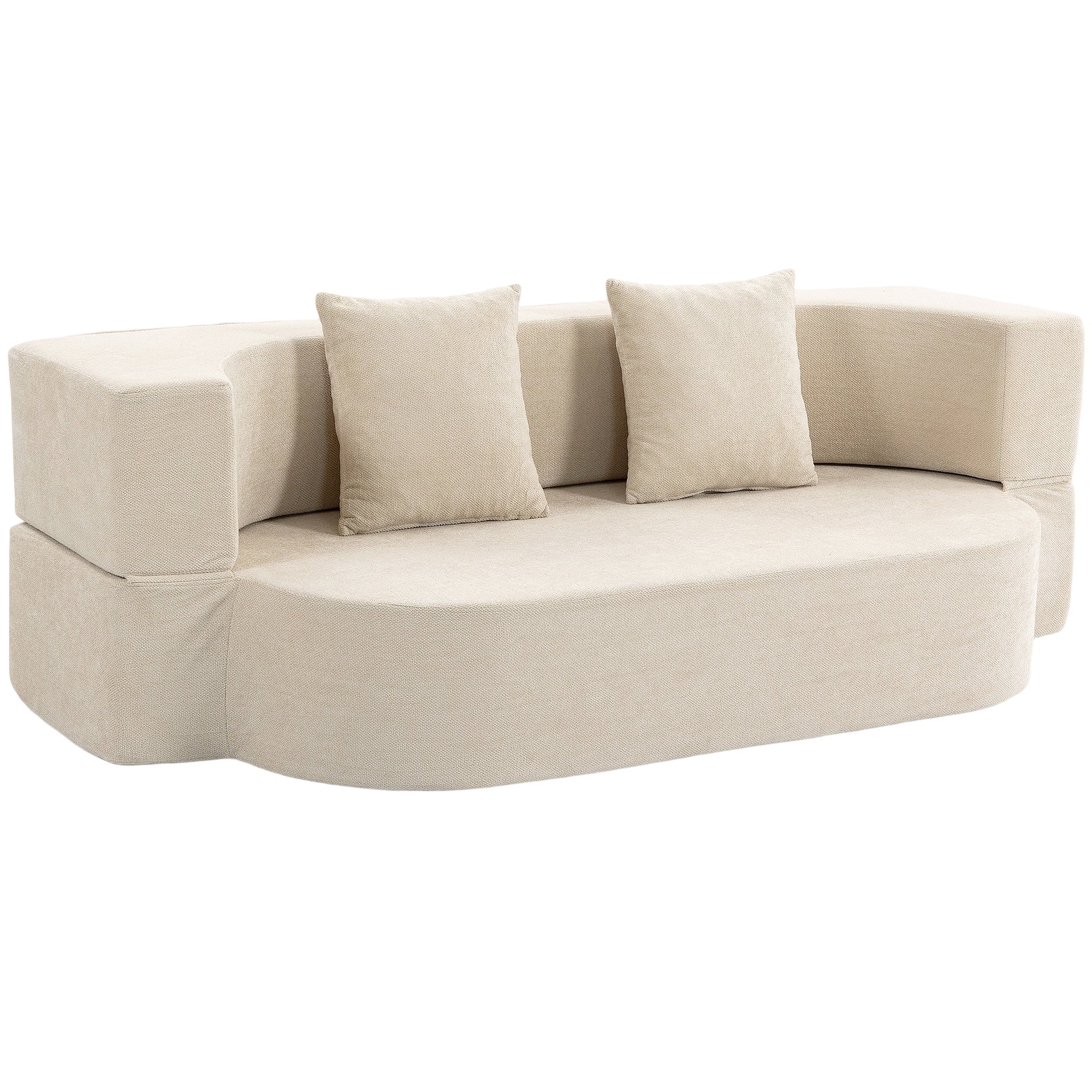 Canapé Convertible 2 Places, Canapé-Lit en Chenille 190cm, Dossier Rabattable, Assise et Accoudoirs Larges, Beige-0