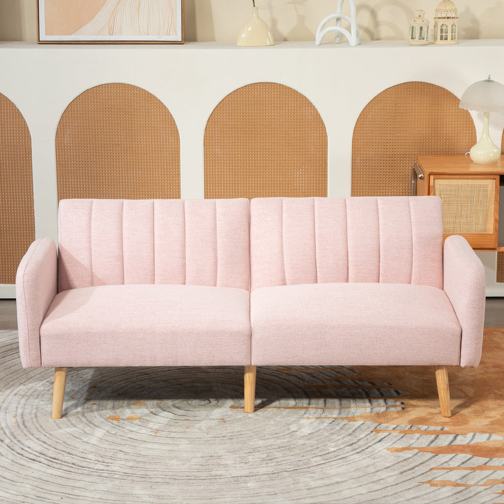 Canapé Convertible 2 Places Scandinave Rose – Tissu Aspect Lin, Dossier Inclinable 3 Positions, Pieds Bois