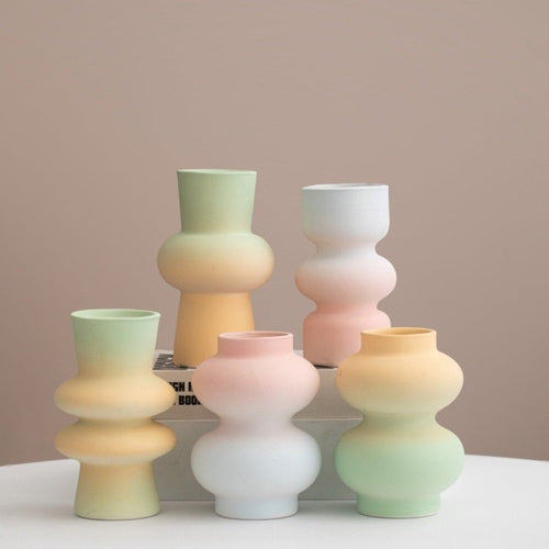 Handmade Dopamine Gradient Ceramic Vase – Geometric Matte Modern Flower Vase