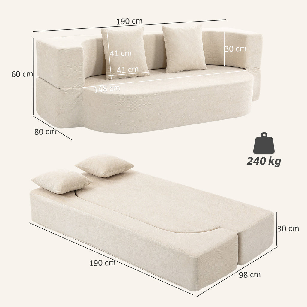 Canapé Convertible 2 Places, Canapé-Lit en Chenille 190cm, Dossier Rabattable, Assise et Accoudoirs Larges, Beige-1