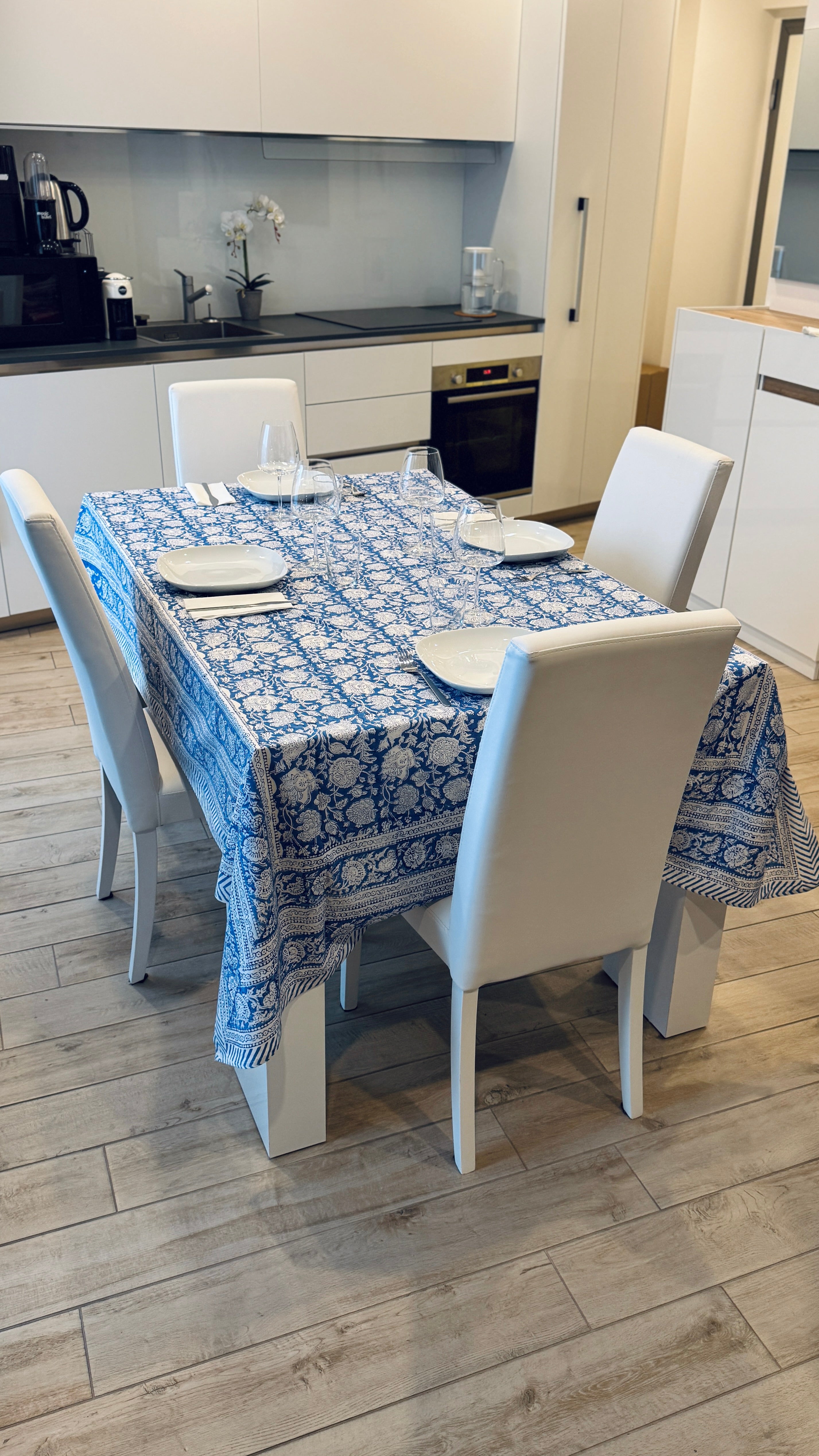 Tovaglia d'Arredo e Mezzero in Cotone Block Print – Blu Indigo e Azzurro 150x220