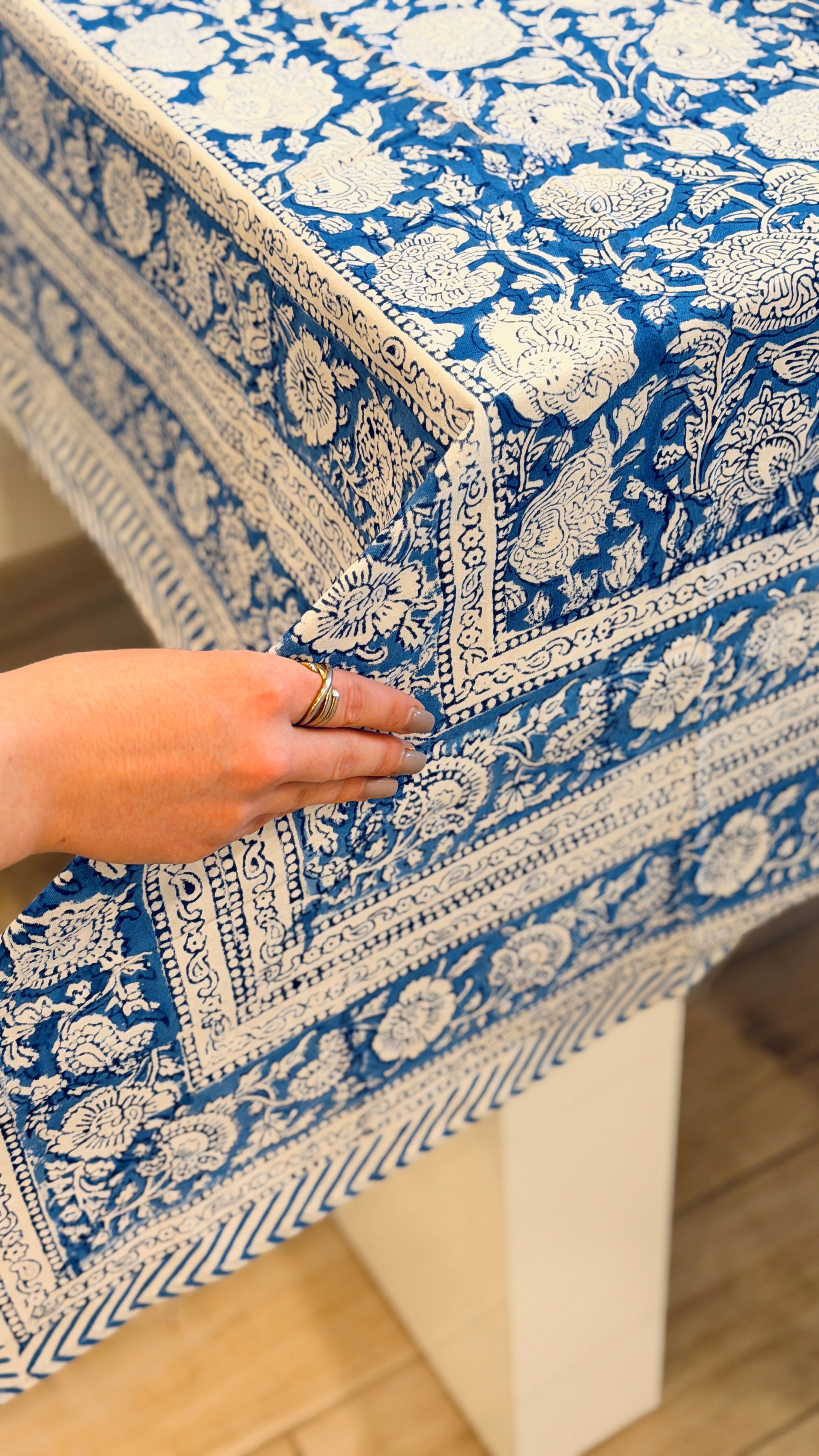 Tovaglia d'Arredo e Mezzero in Cotone Block Print – Blu Indigo e Azzurro 150x220