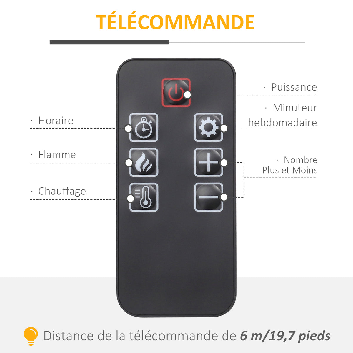 Cheminée électrique effet flammes LED luminosité réglable avec télécommande - 1800 W - 80,5 x 32,3 x 80,5 cm blanc