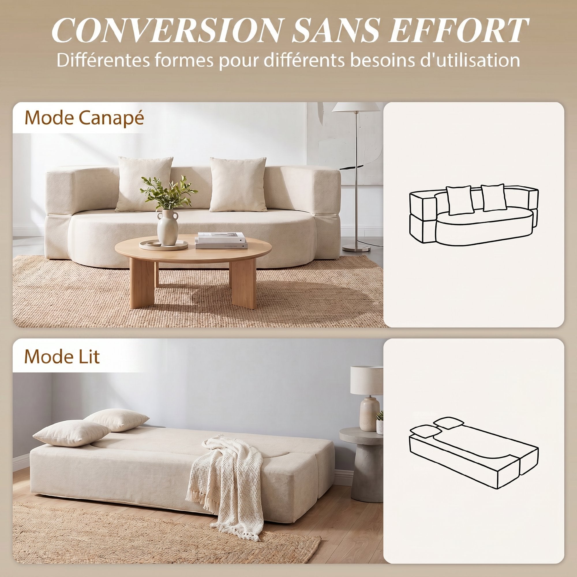 Canapé Convertible 2 Places, Canapé-Lit en Chenille 190cm, Dossier Rabattable, Assise et Accoudoirs Larges, Beige-2