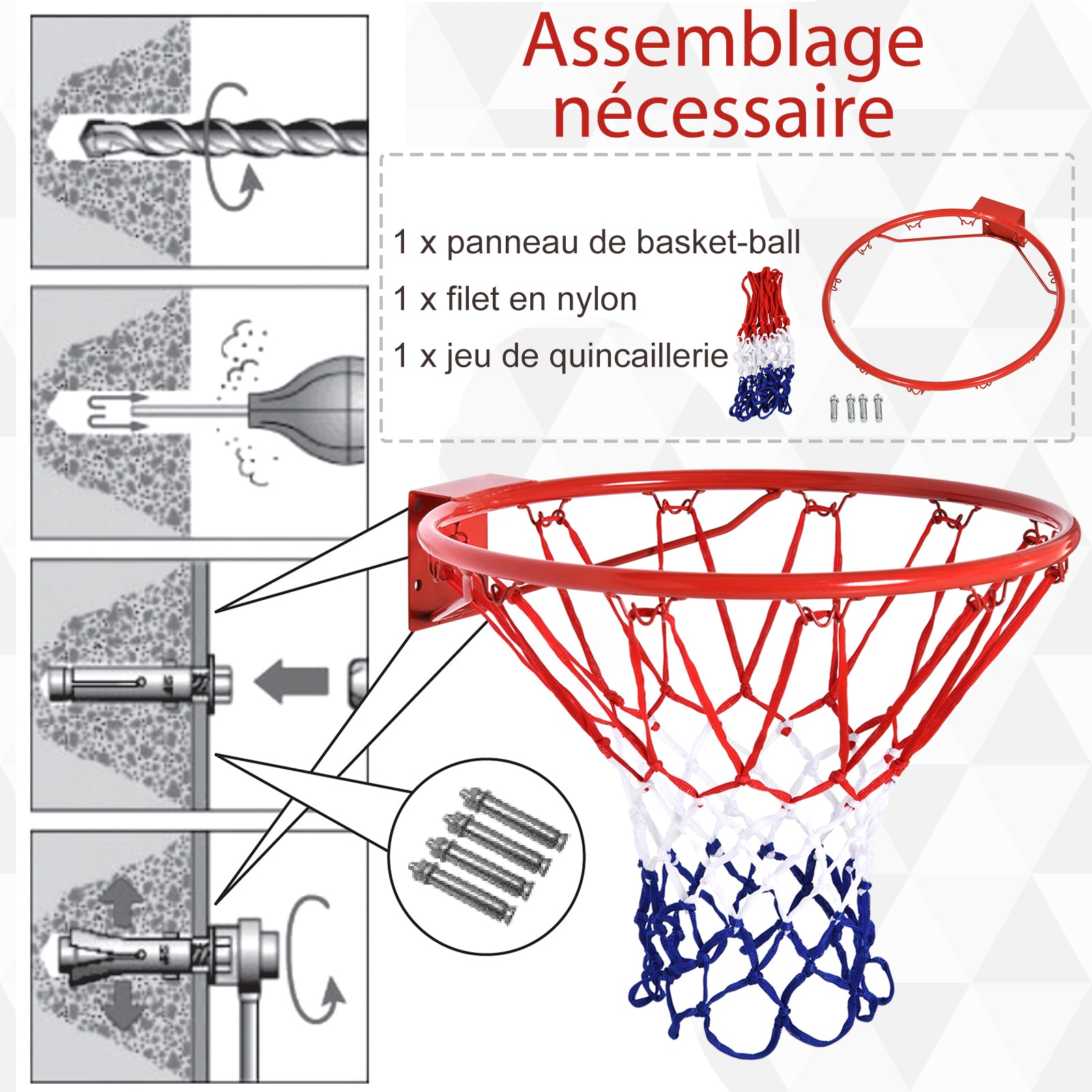 Panier de basket, anneau de basketball avec filet, suspendu mural intérieur et extérieur,  Ø 46 x 46 cm, rouge