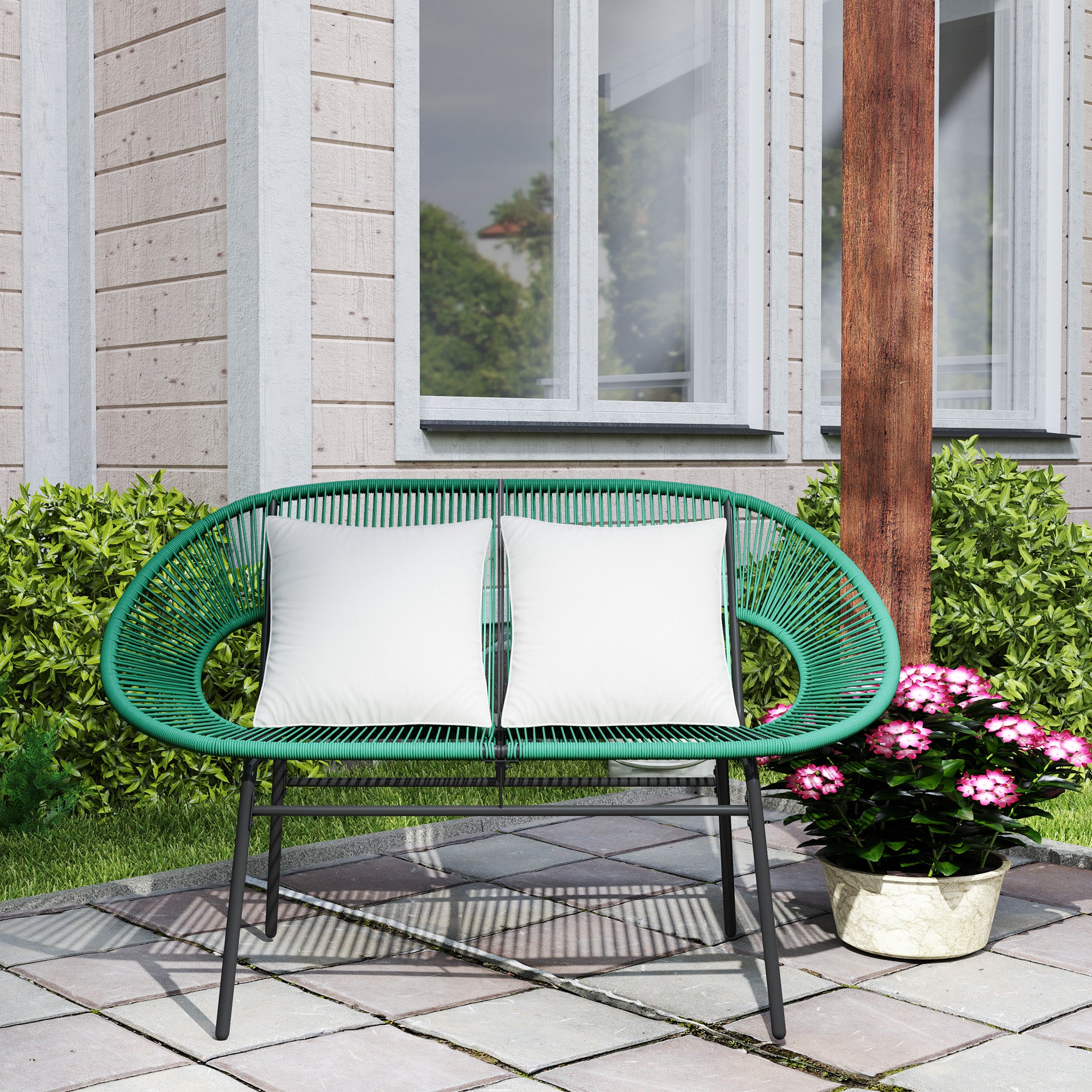 Banquette de jardin 2 places avec 2 coussins - vert foncé