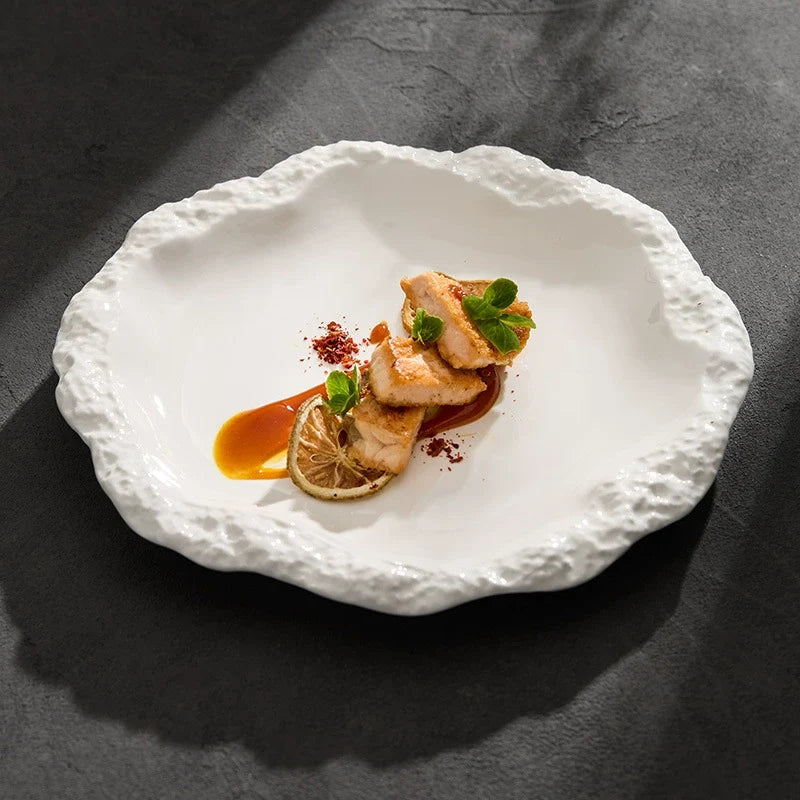 Rock Pattern Ceramic Plate – Modern Flat Shallow Dish for Dining & Display