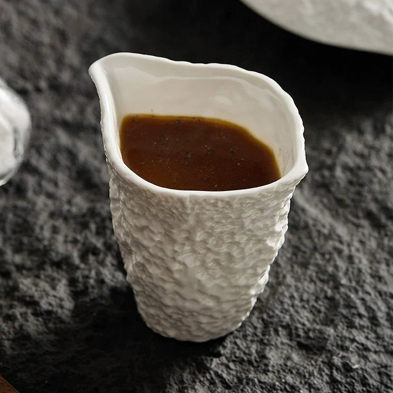 Textured Rock-Style Ceramic Sauce Cup – White Pouring Jug for Gravy, Milk or Coffee