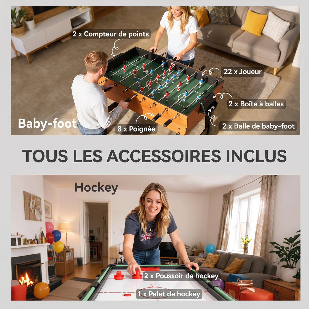 Table MultiJeux 5 en 1 Babyfoot Billard Air Hockey Ping-Pong et Basket Accessoires 134x108x144cm Marron Noyer
