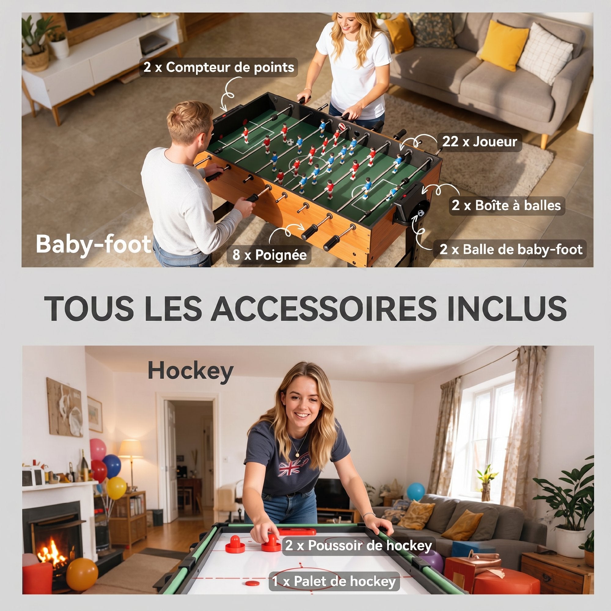 Table MultiJeux 5 en 1 Babyfoot Billard Air Hockey Ping-Pong et Basket Accessoires 134x108x144cm Marron Noyer