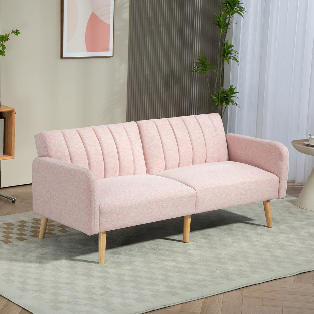 Canapé Convertible 2 Places Scandinave Rose – Tissu Aspect Lin, Dossier Inclinable 3 Positions, Pieds Bois