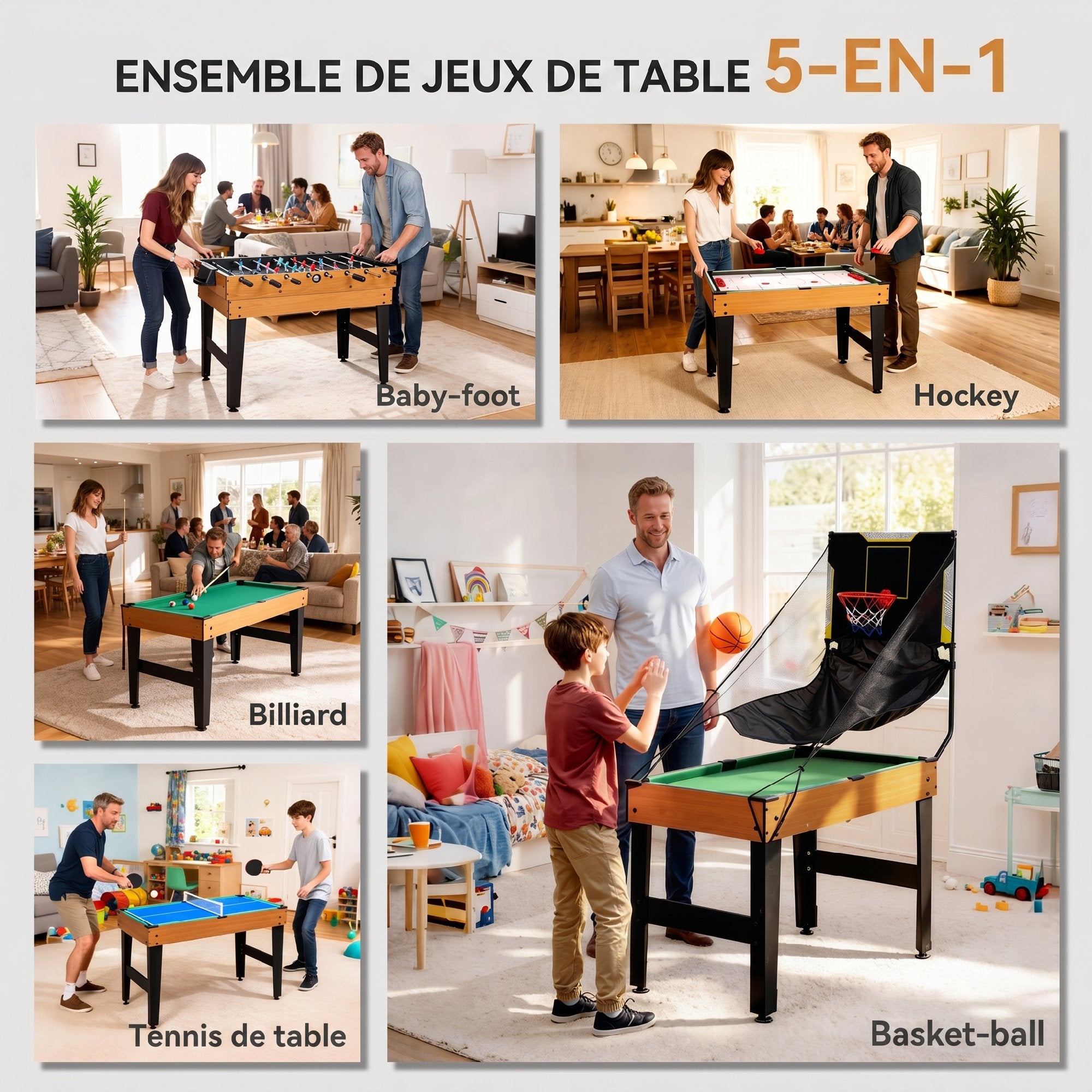 Table MultiJeux 5 en 1 Babyfoot Billard Air Hockey Ping-Pong et Basket Accessoires 134x108x144cm Marron Noyer