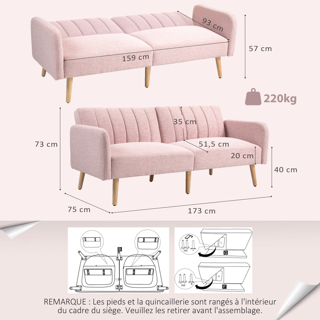 Canapé Convertible 2 Places Scandinave Rose – Tissu Aspect Lin, Dossier Inclinable 3 Positions, Pieds Bois