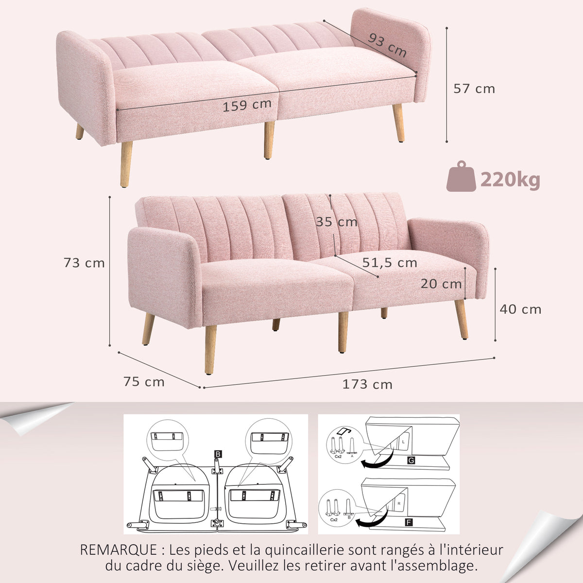 Canapé Convertible 2 Places Scandinave Rose – Tissu Aspect Lin, Dossier Inclinable 3 Positions, Pieds Bois
