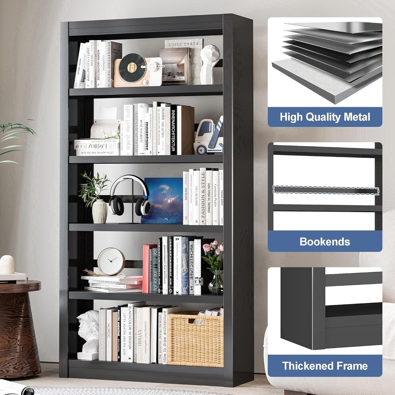 Adjustable Five Tier Black Metal Library Bookshelf