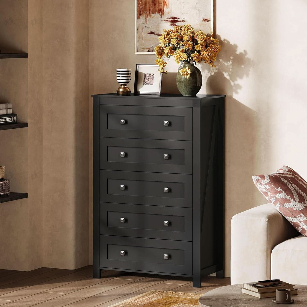 Commode Haute Farmhouse 5 Tiroirs - Noyer Noir