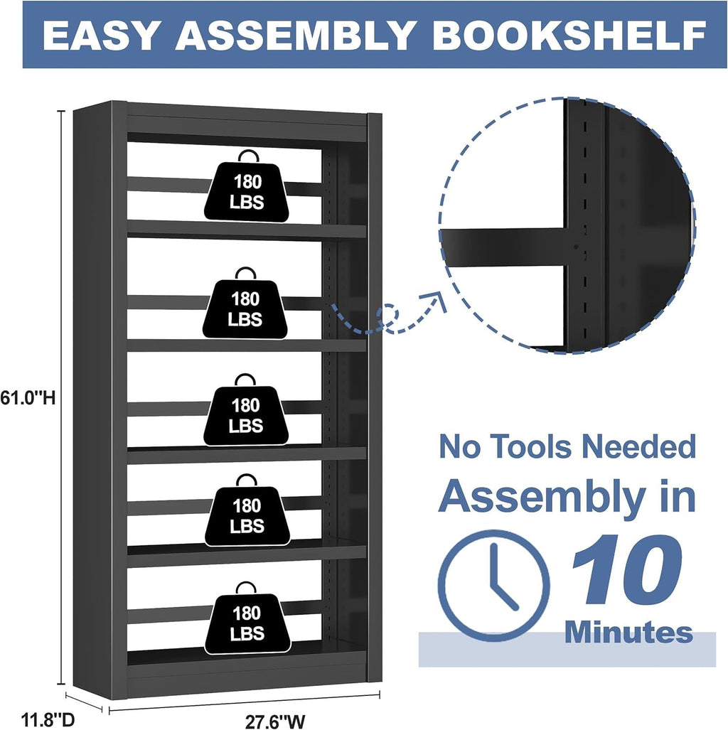 Adjustable Five Tier Black Metal Library Bookshelf