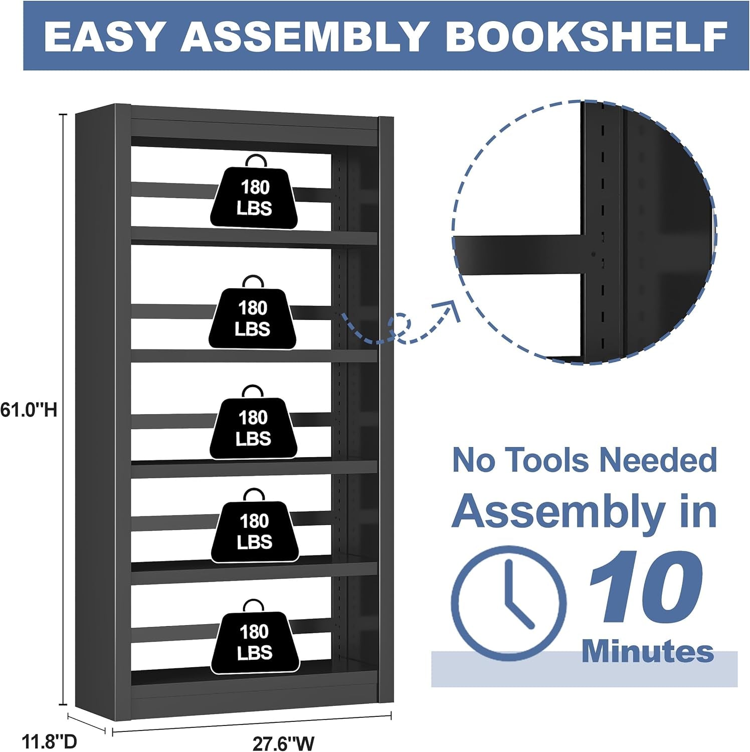Adjustable Five Tier Black Metal Library Bookshelf