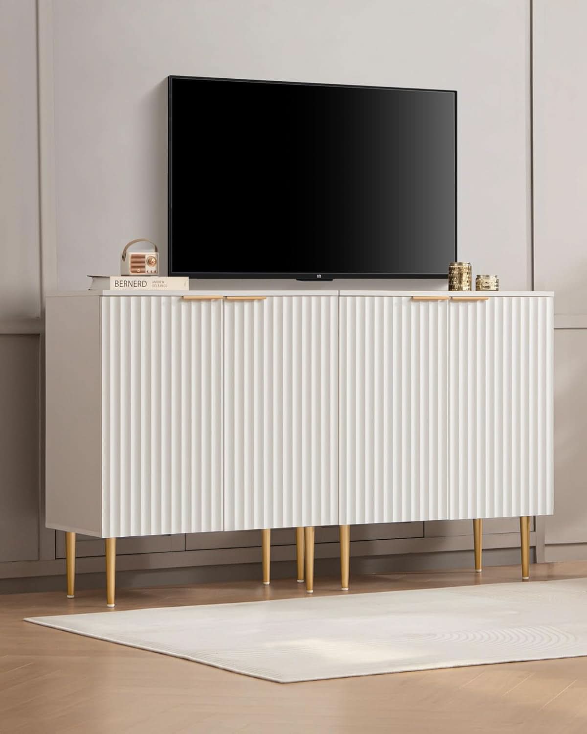 White Fluted Storage Cabinet Set Of 2 Modern Sideboards-2